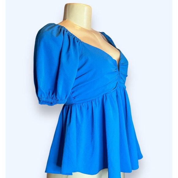 Vici Women Blue Peplum Blouse Small Short Sleeves Lined Plunge V-Neck Smog Back - Picture 3 of 8